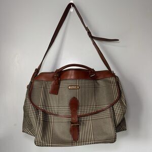 Vintage Ralph Lauren Brown Houndstooth Luggage Bag Gold Hardware Leather NWOT